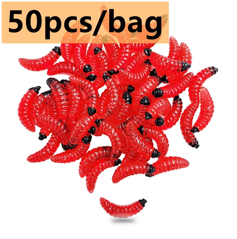 Milepetus 50pcs-1Inch Bass Fishing Worms Lures,Silicone Soft Maggot Baits Bread Worm Fishing Lure,5 Color (Red) - Image 3